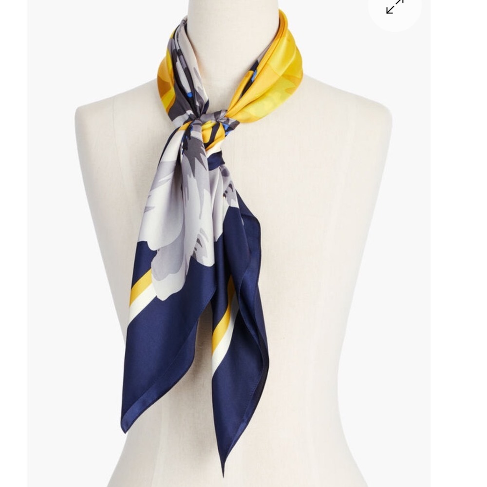 Talbots 100% Silk Floral Scarf 34x34 Navy Yellow Blue Luxury Square Wrap
